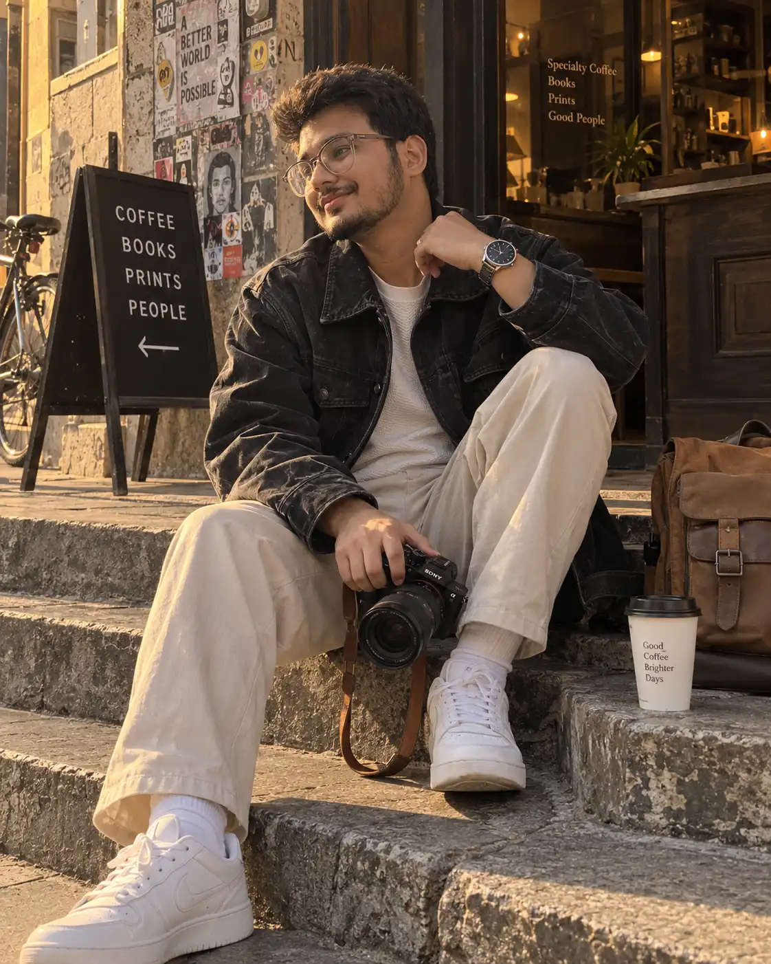Example result for Denim Jacket Café Steps Camera Portrait AI image prompt
