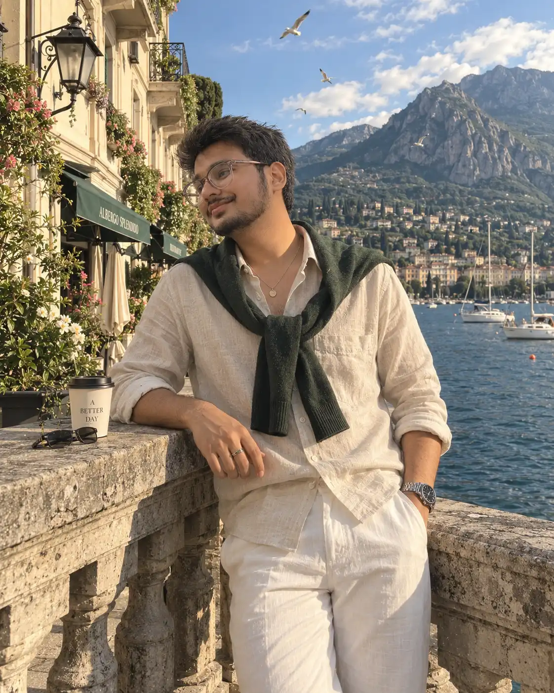 Example result for European Riviera Lake & Mountain Portrait AI image prompt
