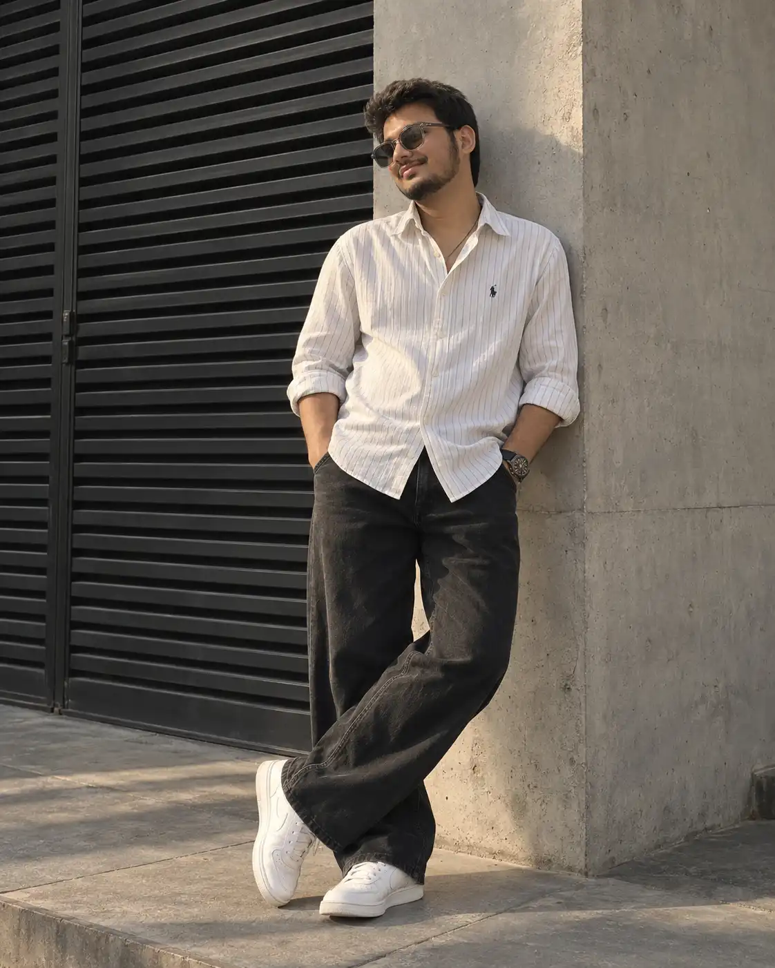 Example result for Minimalist Concrete Street Fashion Portrait AI image prompt