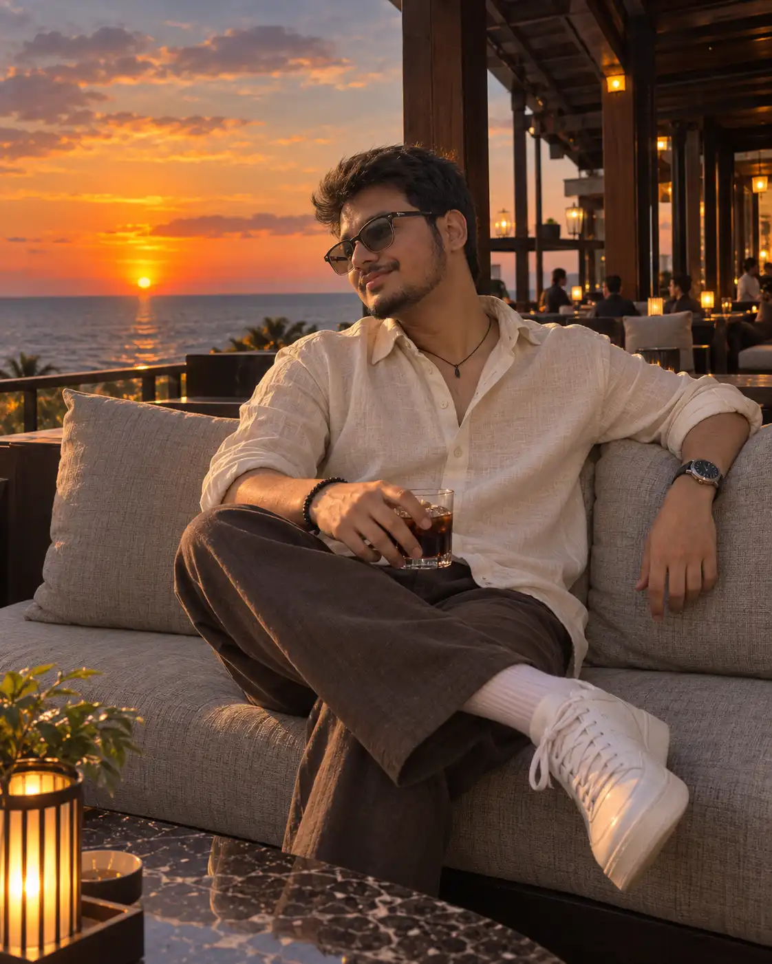Example result for Luxury Rooftop Sunset Ocean Portrait AI image prompt