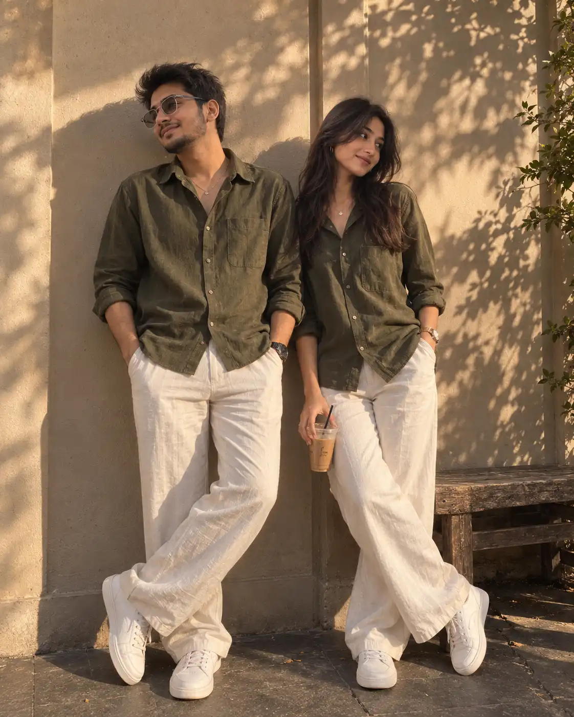Example result for Olive Green & White Couple Editorial AI image prompt
