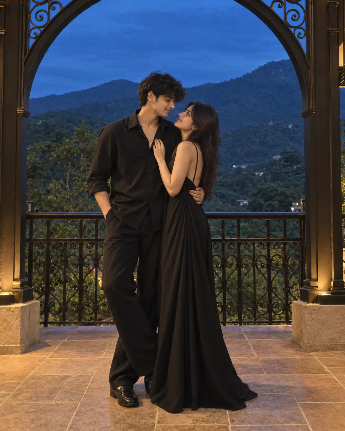 Example result for Black Outfit Mountain View Couple Portrait AI image prompt
