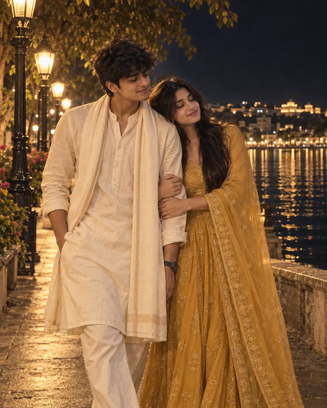 Example result for Romantic Waterfront Night Indian Couple AI image prompt