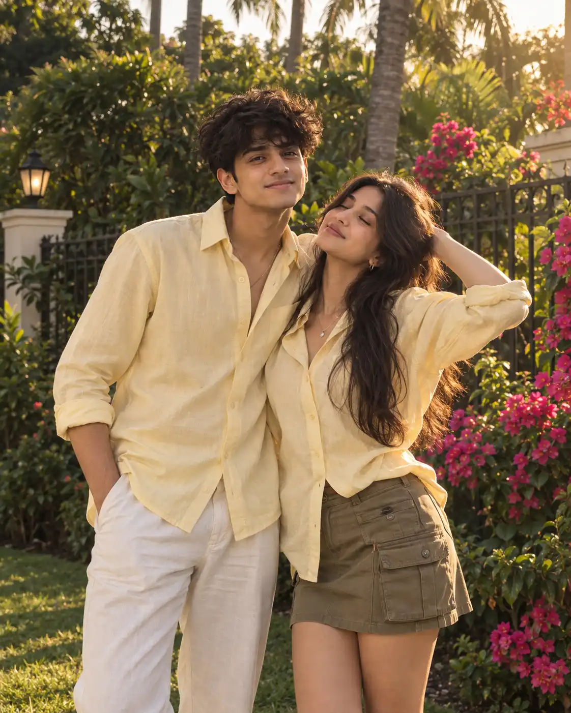 Example result for Golden-Hour Garden Yellow Couple Portrait AI image prompt
