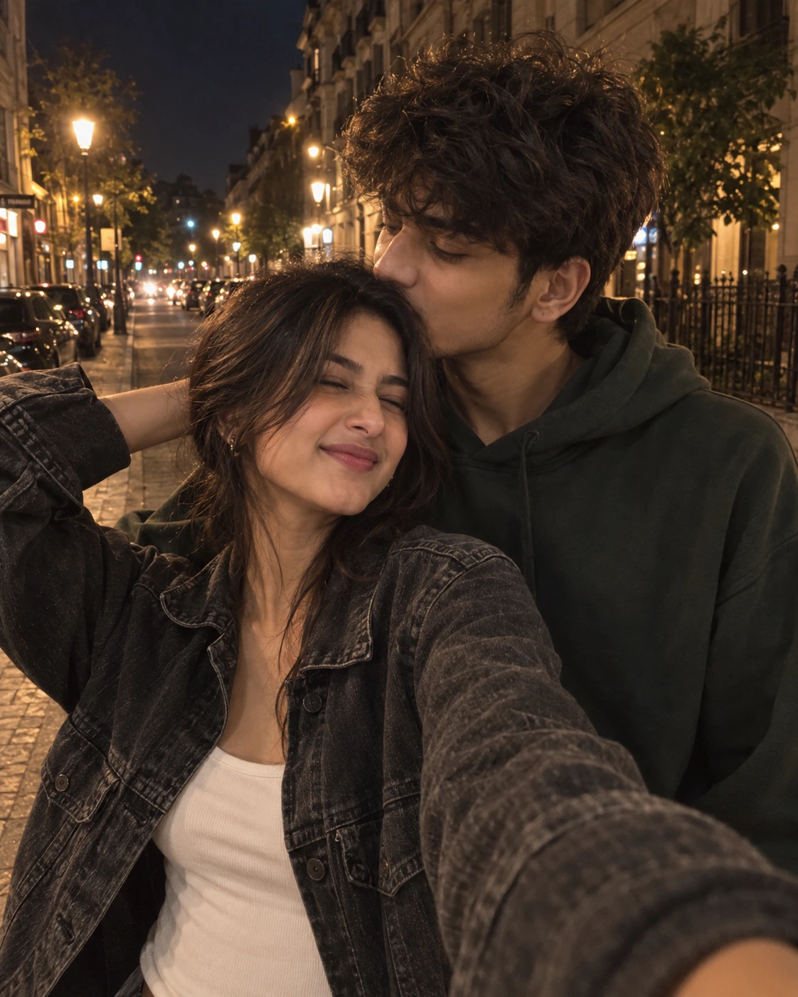 Example result for Candid Nighttime Couple Selfie AI image prompt