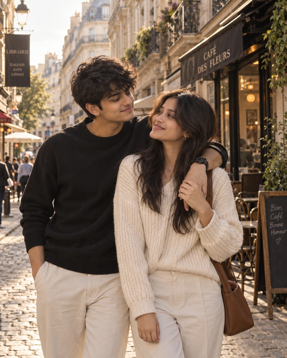 Example result for Cozy Parisian Couple Street Portrait AI image prompt