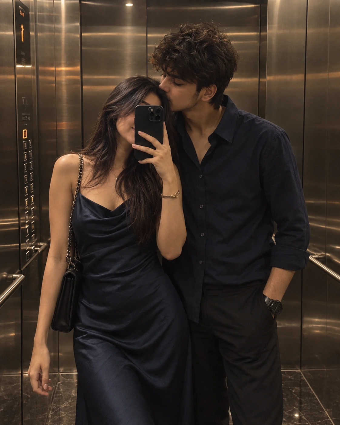 Example result for Luxury Elevator Couple Mirror Selfie AI image prompt