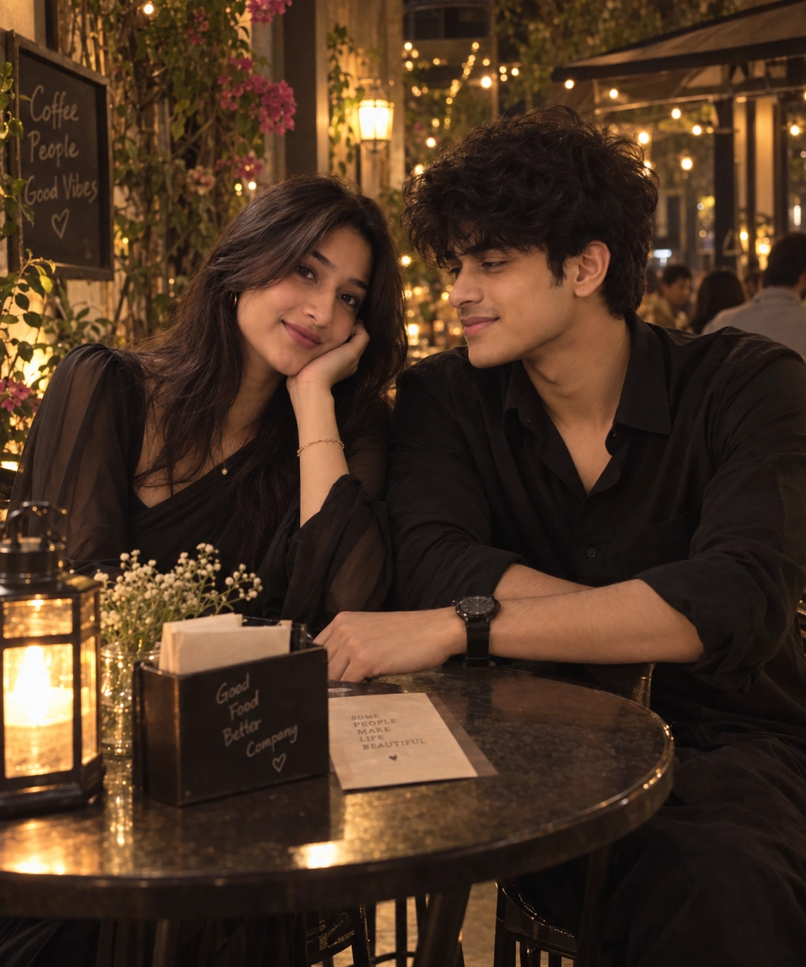Example result for Cozy Candlelit Café Couple Moment AI image prompt