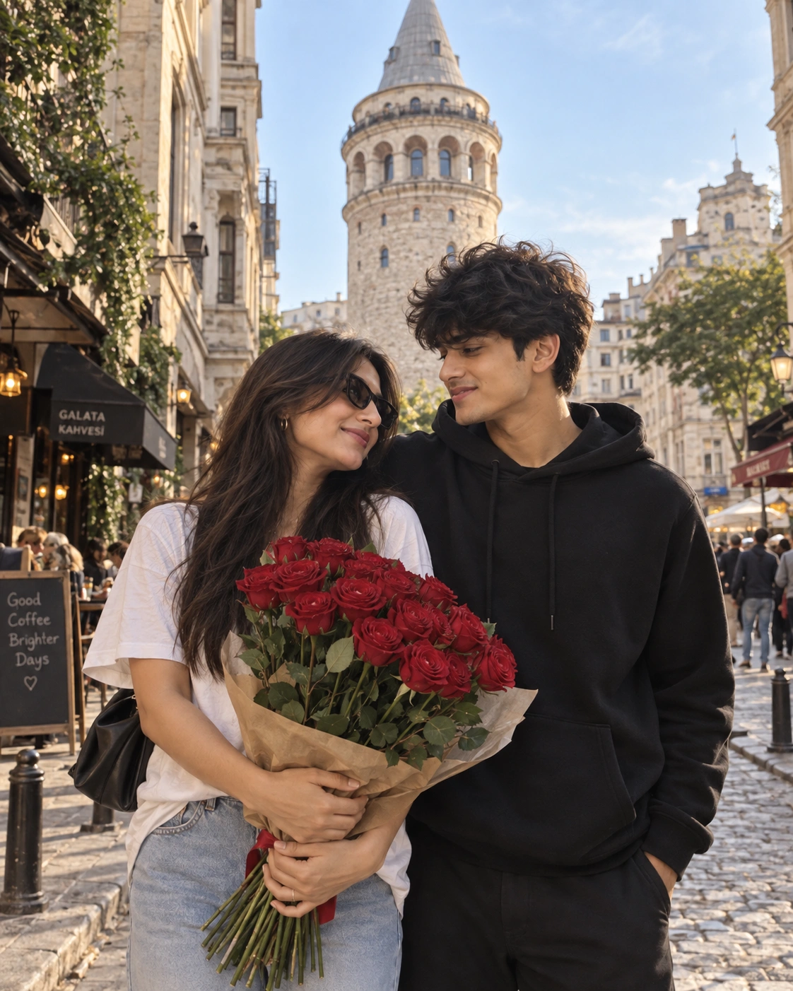Example result for European City Tower Red Roses Couple Portrait AI image prompt